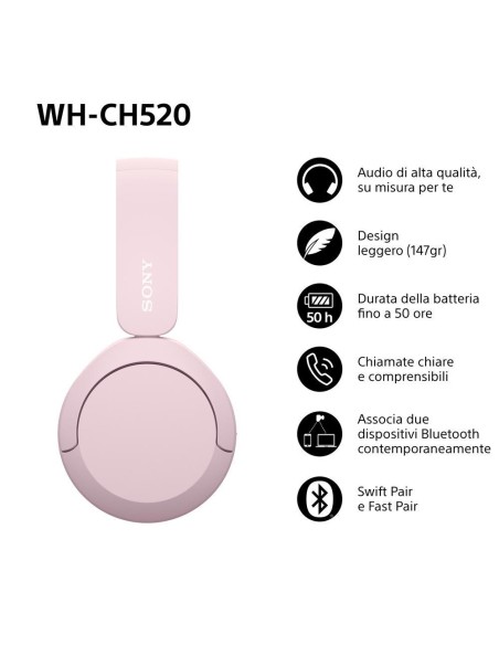 SONY WH-CH520P CUFFIA BLUETOOTH/NFC ROSA DRIVER 30MM AUTONOMIA 50H