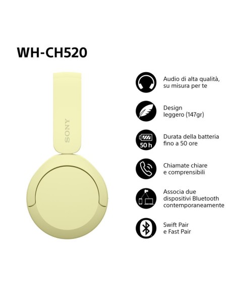 SONY WH-CH520Y CUFFIA BLUETOOTH/NFC GIALLO DRIVER 30MM AUTONOMIA 50H