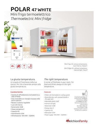 MELCHIONI POLAR 47 FRIGO MINI E 45 LT BIANCO 32DB LUCE LED INTERNA