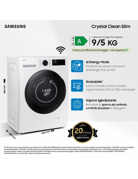 SAMSUNG WD90DG5G34BE LAVASC. E 9/5 KG 1400G SNELLA WIFI VAPORE P48