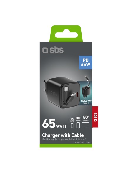SBS TETRRET65WK ALIM.RETE PD 65W USB-C CAVO INTEGRATO RETRATTILE NERO