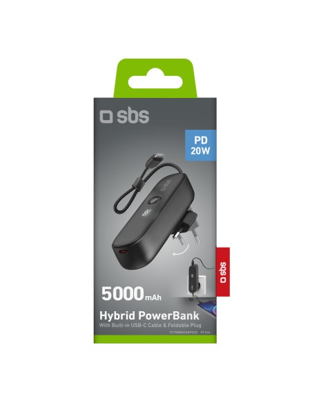 SBS TETRBB5000PD20 POWERBANK 5000MAH PD20 CAVO USB-C INTEGRATO NERO