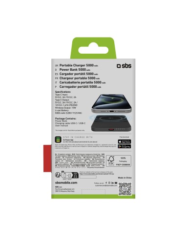SBS TEBB5000QI2 POWERBANK WIRELESS CHARGER QI2 5000MAH 15W PD 20W NERO