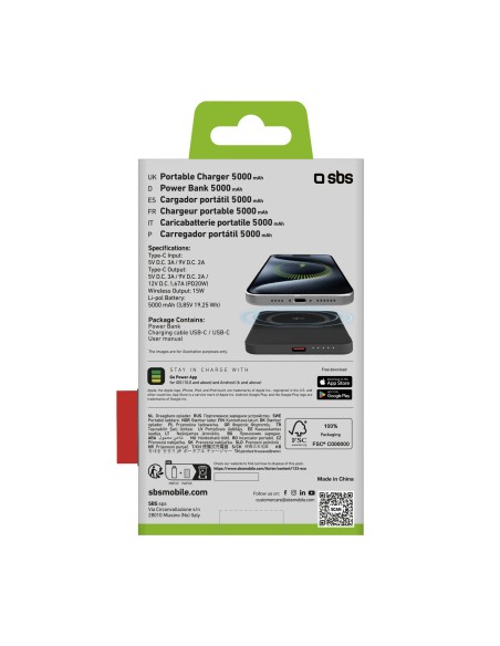 SBS TEBB5000QI2 POWERBANK WIRELESS CHARGER QI2 5000MAH 15W PD 20W NERO
