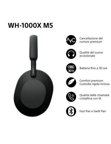 SONY WH-1000XM5B CUFFIA BT NERO CANC.RUMORE DR.30MM AUT.30 ORE