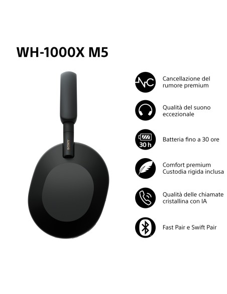 SONY WH-1000XM5B CUFFIA BT NERO CANC.RUMORE DR.30MM AUT.30 ORE