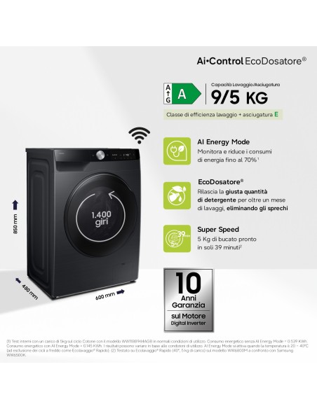 SAMSUNG WD90DG6G94BB LAVASC. 9/5KG A-10% 1400G NERA SLIM ECODOS WIFI