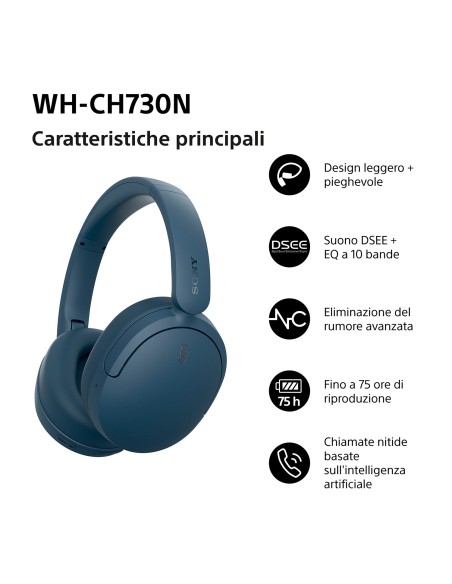 SONY WH-CH730L CUFFIA BT 6.0 AZZURRO NOISE CANC.DRIVER 30MM AUT.75 ORE