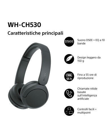 SONY WH-CH530B CUFFIA BLUETOOTH 6.0 NERO DRIVER 30MM AUT.55 ORE