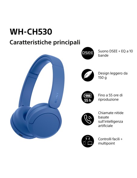 SONY WH-CH530L CUFFIA BLUETOOTH 6.0 AZZURRO DRIVER 30MM AUT.55 ORE