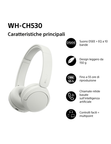 SONY WH-CH530W CUFFIA BLUETOOTH 6.0 BIANCO DRIVER 30MM AUT.55 ORE